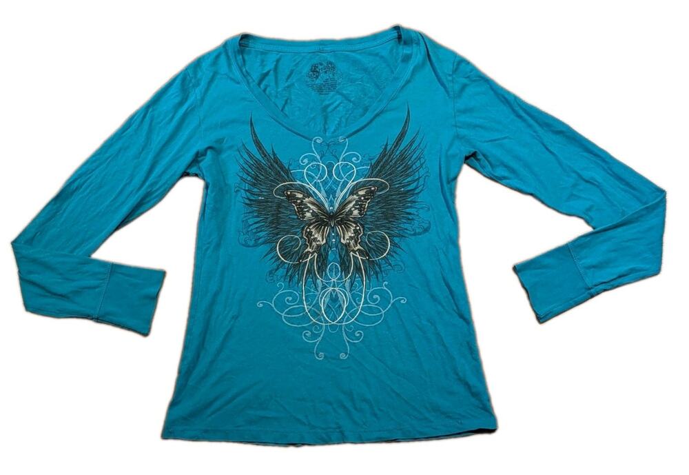 Stranded Y2K Shirt Womens L Teal Butterfly Angel Wings Rhinestone Long Sleeve